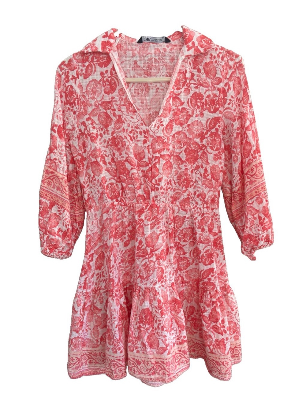 Zara Floral Long Sleeve Mini Dress In Pink Peach Beachy Boho Size XS